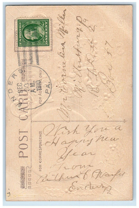 1910 Christmas Holly Winter Snow Full Moon Winsch Back Enders PA Posted Postcard