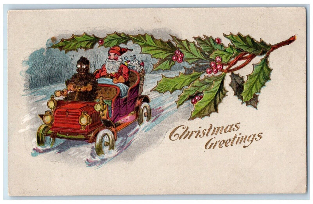 1908 Christmas Greetings Santa Claus Riding Car South Orrington ME Postcard