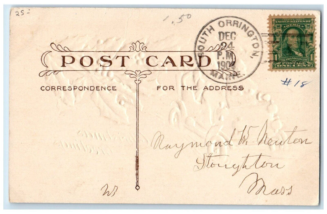1908 Christmas Greetings Santa Claus Riding Car South Orrington ME Postcard