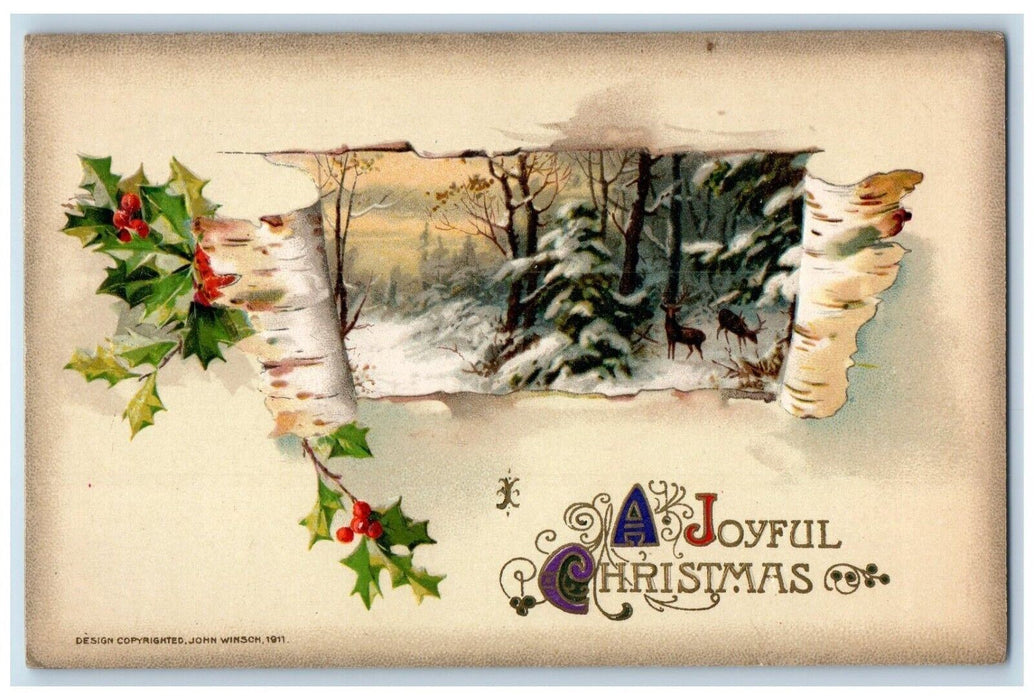 c1910's Christmas Reindeer In Forest Winter Snow John Winsch Embossed Postcard