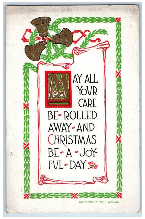 c1910's Christmas Of Joy Holly Three Bells G.A.C.O. Posted Antique Postcard