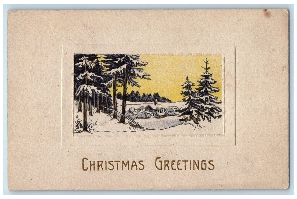 c1910's Christmas Greetings Pine Trees Covered Snow Winter Embossed Postcard