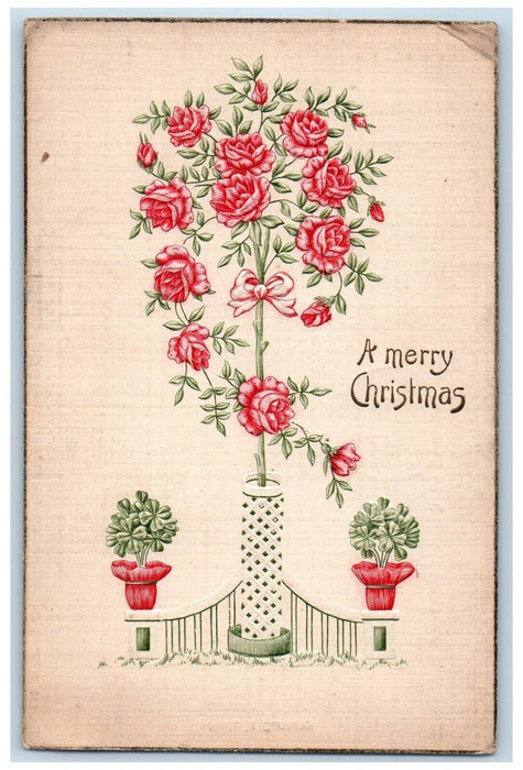 1912 Christmas Roses Flowers And Shamrock In Pot Chicago IL Embossed Postcard