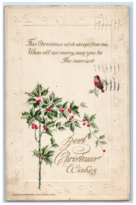1914 Christmas Wishes Song Bird Holly Berries John Winsch Artist Signed Postcard