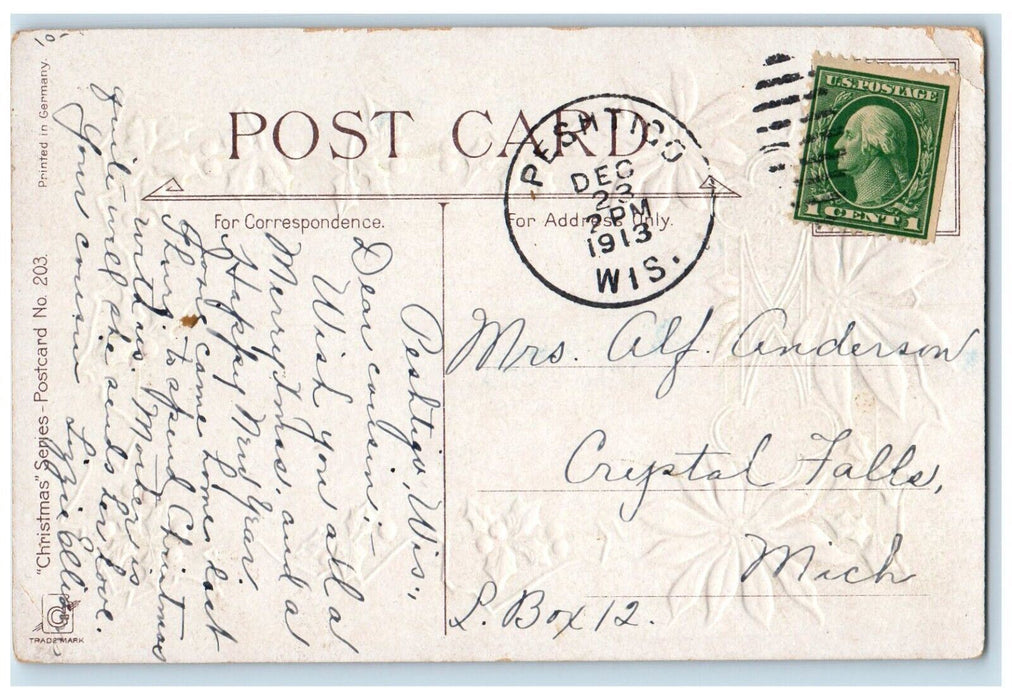 1913 Christmas Holly Pointessia Flowers Peom Peshtigo Wisconsin WI Postcard