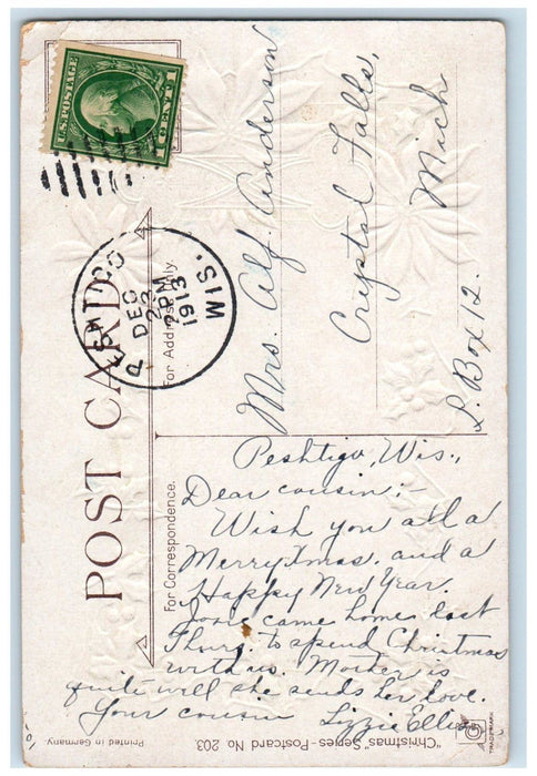 1913 Christmas Holly Pointessia Flowers Peom Peshtigo Wisconsin WI Postcard