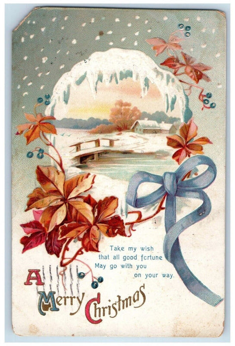 1911 Christmas Holly Leaf Ribbon Winter Snow River Clapsaddle (?) Postcard