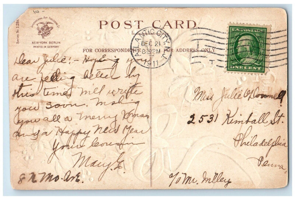1911 Christmas Holly Leaf Ribbon Winter Snow River Clapsaddle (?) Postcard