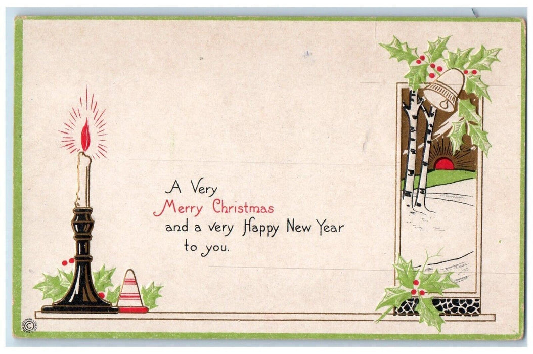 c1910's Christmas And Happy New Year Candle Holly Bell Sunset Embossed Postcard