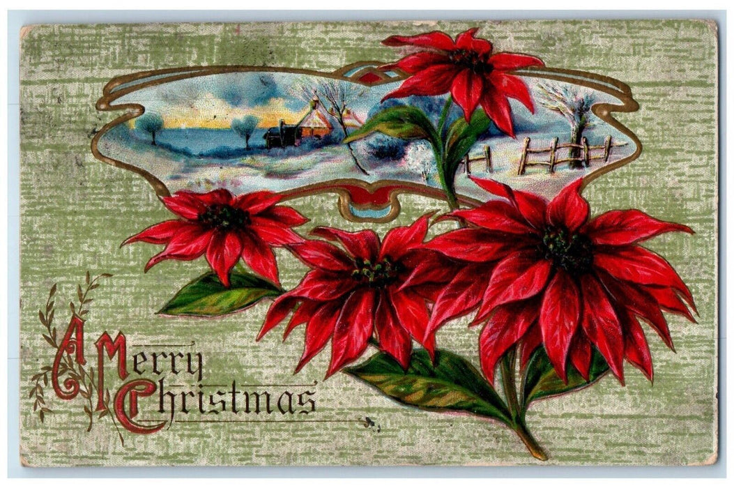 1911 Christmas Pointessia Flowers Winter Snow Embossed Posted Antique Postcard
