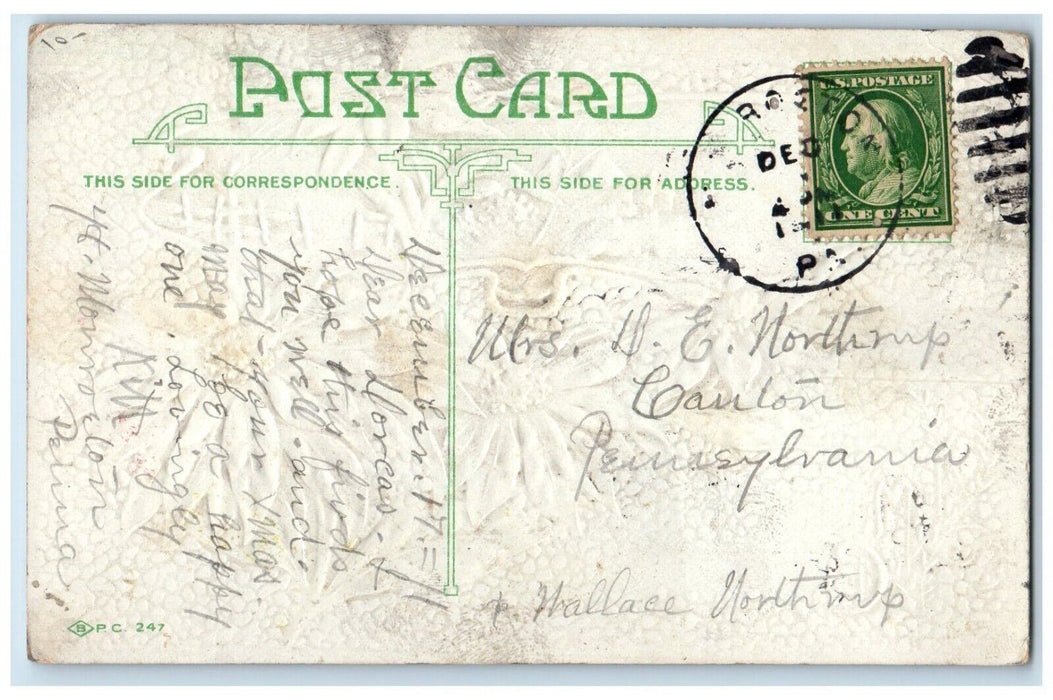 1911 Christmas Pointessia Flowers Winter Snow Embossed Posted Antique Postcard