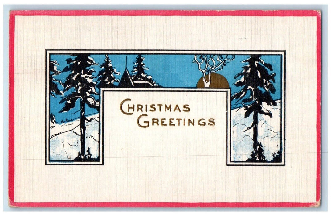 1914 Christmas Greetings Arts And Craft Pine Tree Winter Snow Antique Postcard