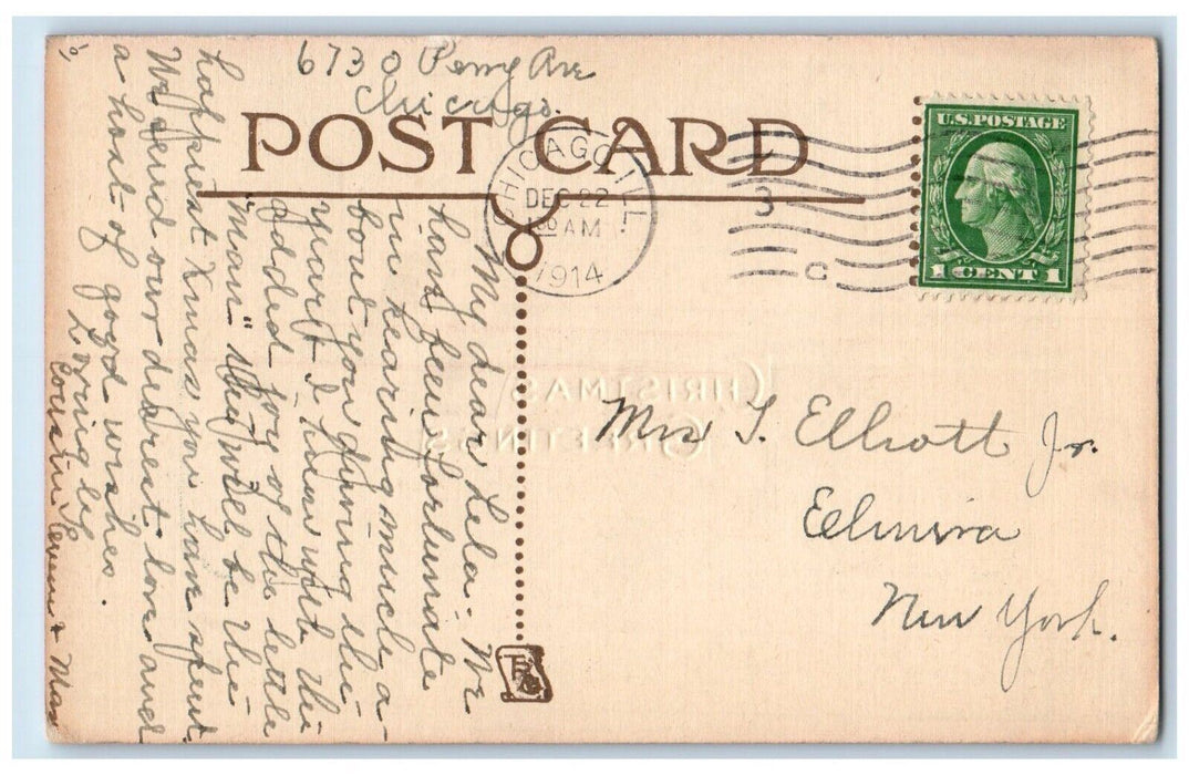 1914 Christmas Greetings Arts And Craft Pine Tree Winter Snow Antique Postcard