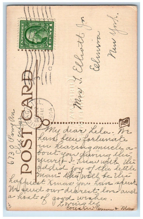 1914 Christmas Greetings Arts And Craft Pine Tree Winter Snow Antique Postcard