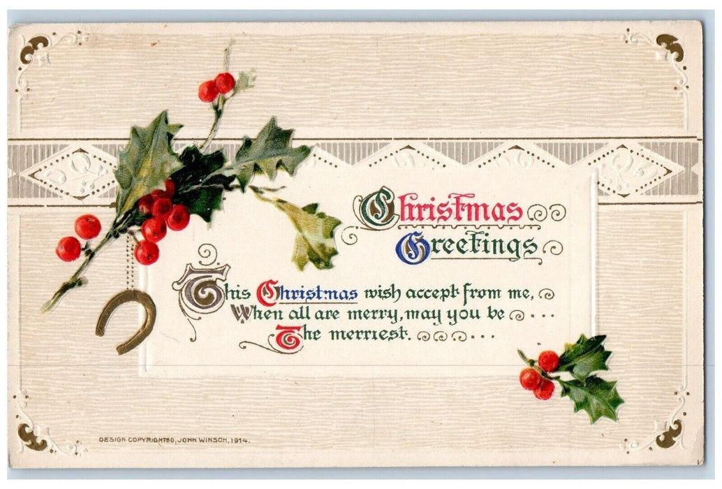 Christmas Greetings Holly Horseshoe John Winsch Artist Signed Embossed Postcard