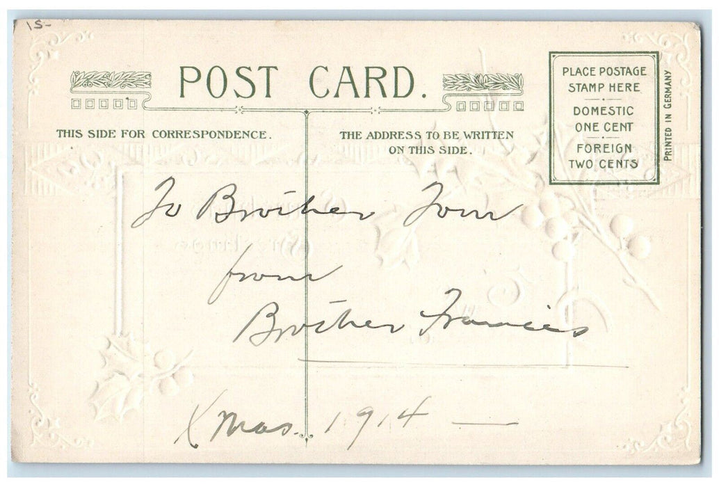 Christmas Greetings Holly Horseshoe John Winsch Artist Signed Embossed Postcard