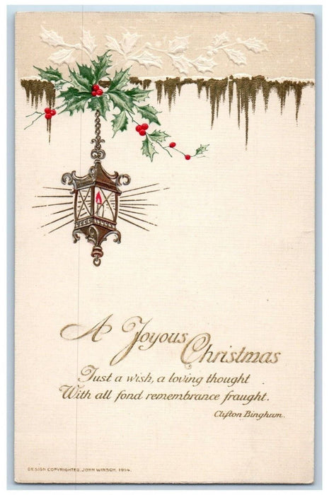 c1910's Christmas Holly Lantern John Winsch Artist Signed Embossed Postcard