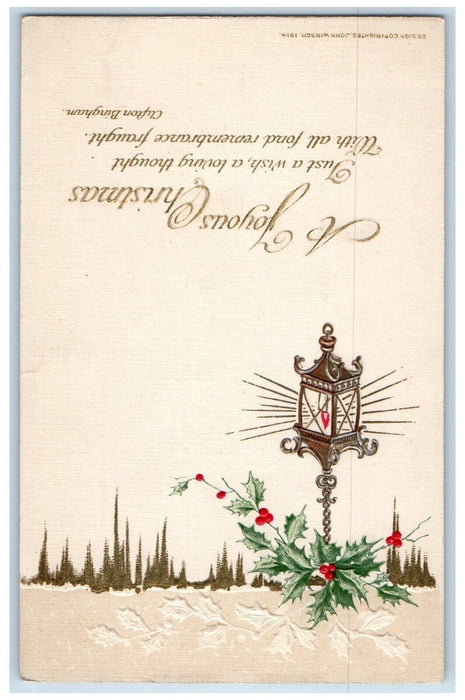 c1910's Christmas Holly Lantern John Winsch Artist Signed Embossed Postcard
