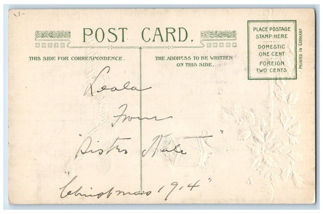c1910's Christmas Holly Lantern John Winsch Artist Signed Embossed Postcard