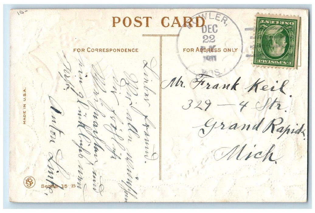 1911 Christmas Song Bird Holly Bells Embossed Bowler Wisconsin WI Postcard