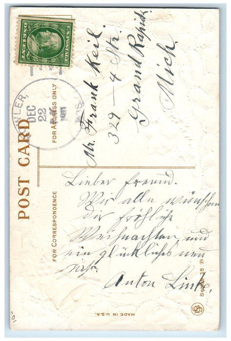 1911 Christmas Song Bird Holly Bells Embossed Bowler Wisconsin WI Postcard