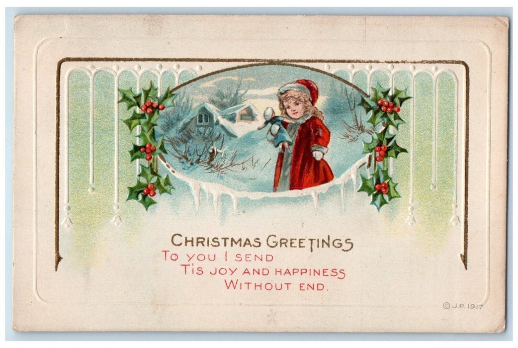 c1910's Christmas Greetings Little Girl Doll Winter Snow Embossed Postcard
