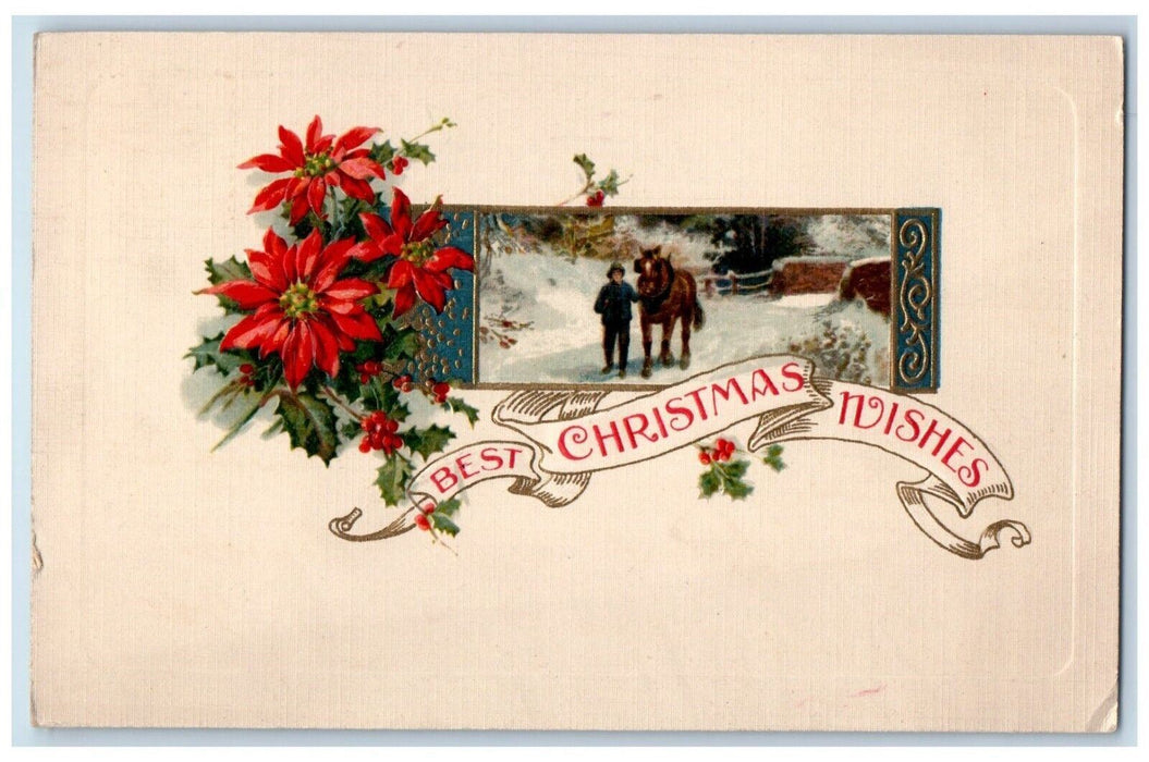 1922 Christmas Wishes Pointessia Flowers Horse Winsch Back Embossed Postcard