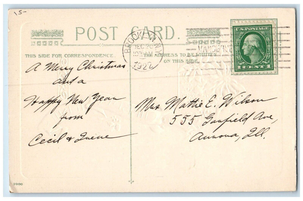 1922 Christmas Wishes Pointessia Flowers Horse Winsch Back Embossed Postcard