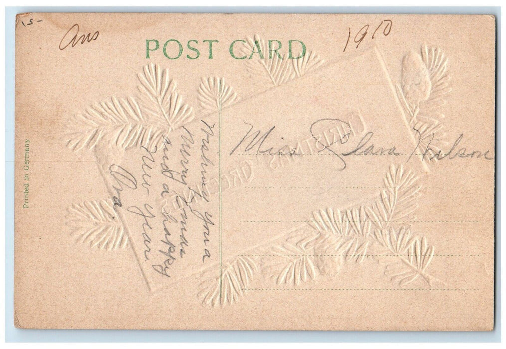 c1910's Christmas Greetings Pine Cone Embossed Posted Antique Postcard