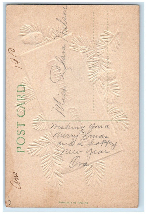 c1910's Christmas Greetings Pine Cone Embossed Posted Antique Postcard