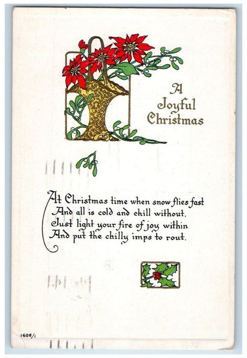 1919 Christmas Poem Basket Of Pointessia Flowers Brooklyn NY Antique Postcard