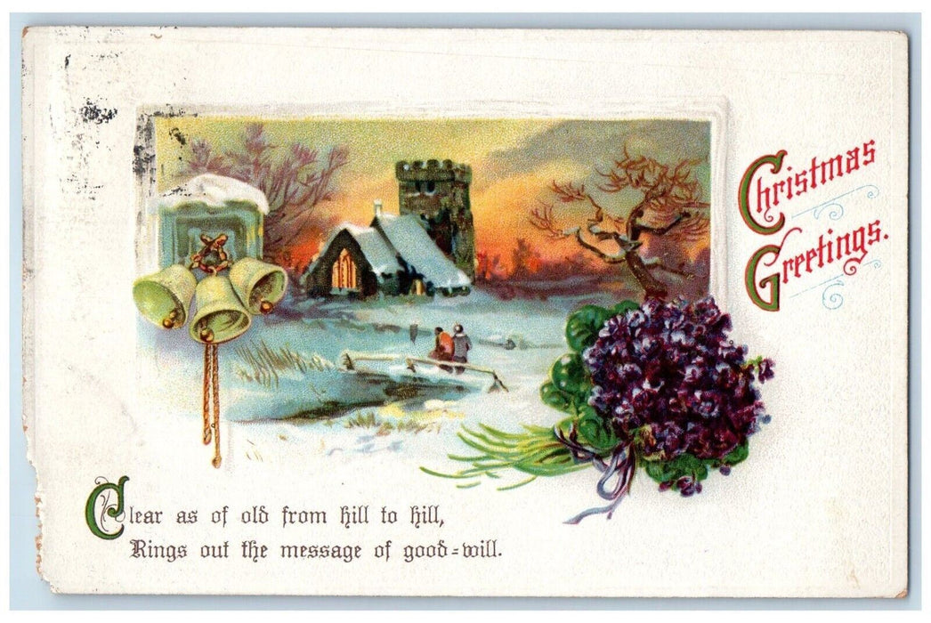 c1910's Christmas Greetings Pansies Bells Winter Snow Embossed Antique Postcard