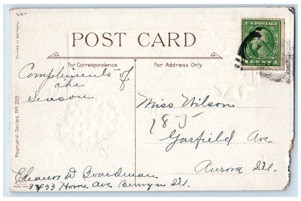 c1910's Christmas Greetings Pansies Bells Winter Snow Embossed Antique Postcard