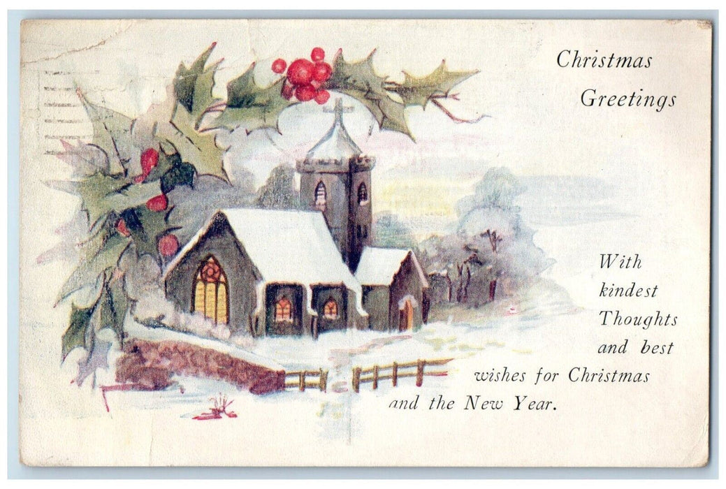 1920 Christmas Greetings Holly House Church Aurora Illinois IL Antique Postcard