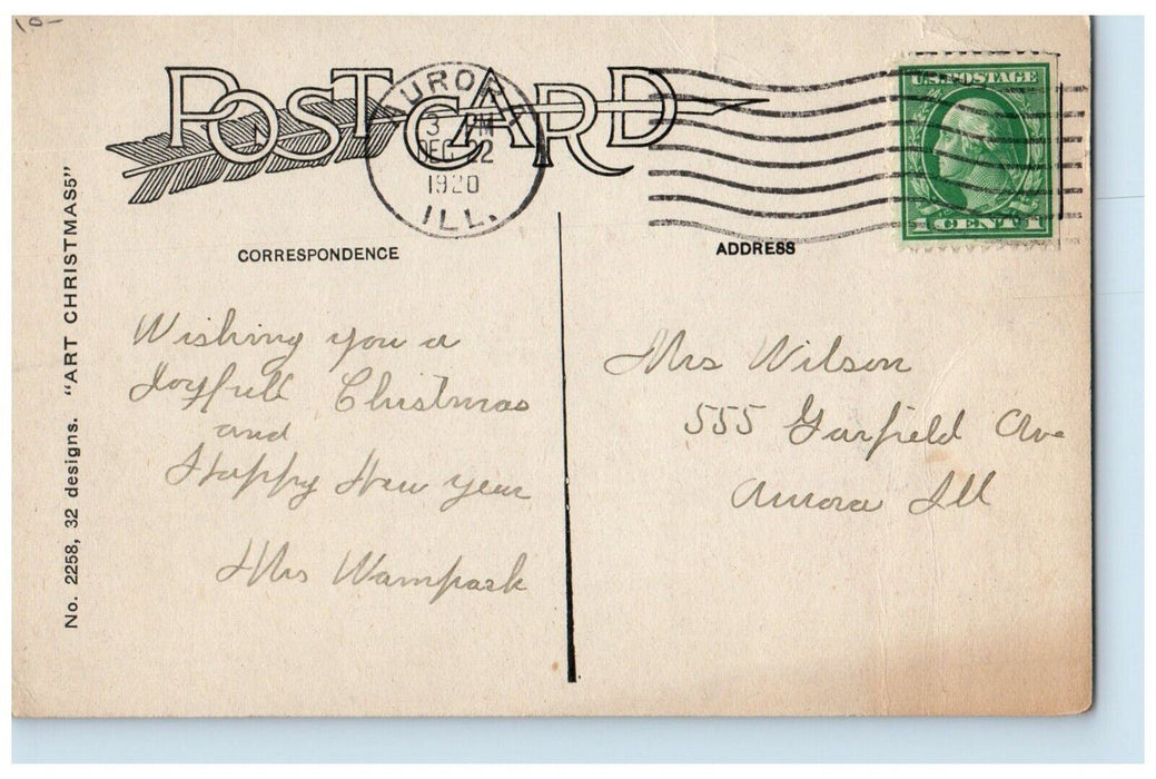 1920 Christmas Greetings Holly House Church Aurora Illinois IL Antique Postcard