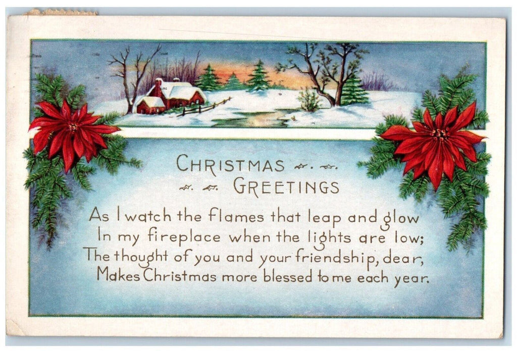 1922 Christmas Greetings Poem Pointessia Flowers Winter Snow Aurora IL Postcard