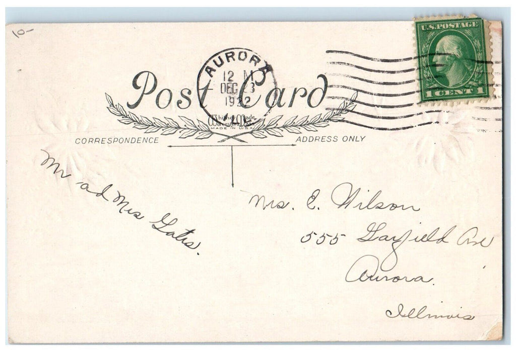 1922 Christmas Greetings Poem Pointessia Flowers Winter Snow Aurora IL Postcard