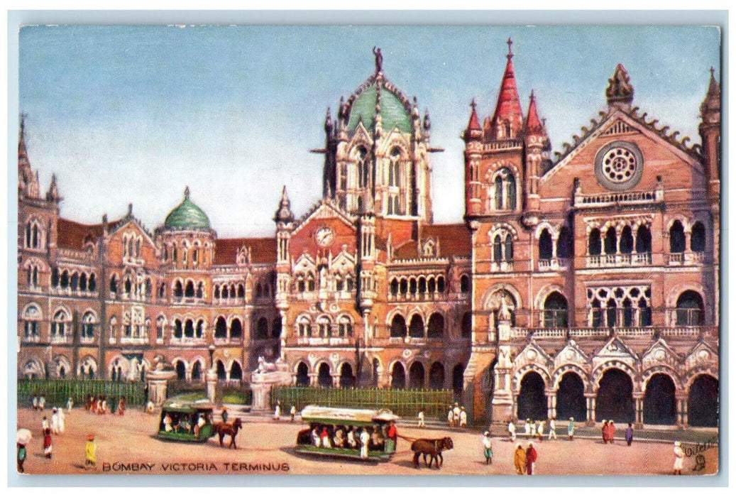 c1910 Trolley Horse Bombay Victoria Terminus India Oilette Tuck Art Postcard
