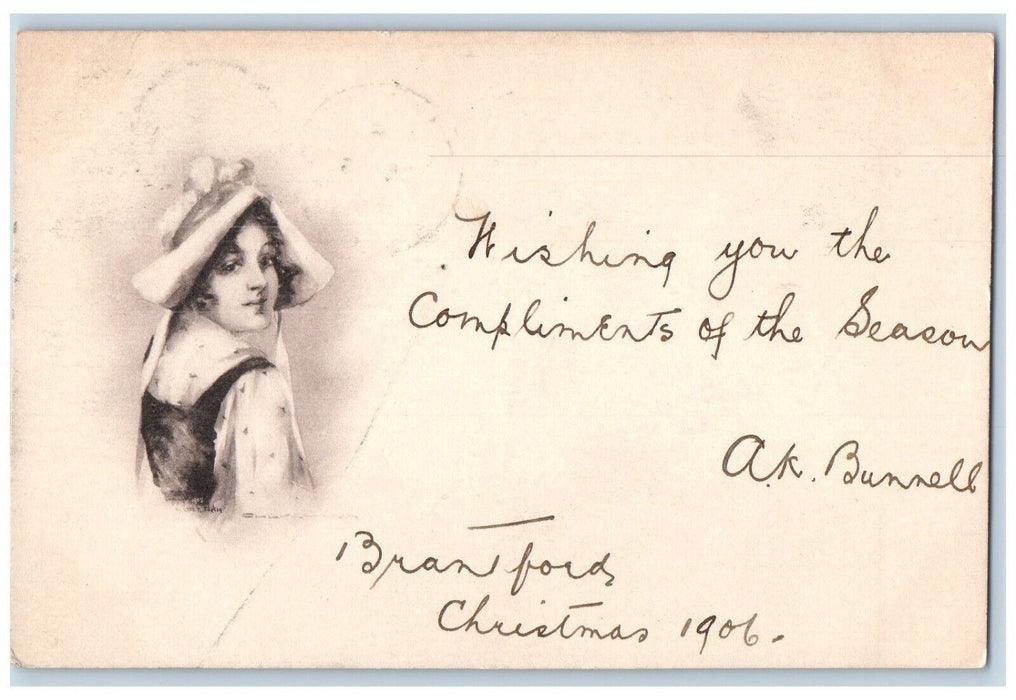 1906 Christmas Pretty Victorian Girl Brandford Ontario Canada Antique  Postcard