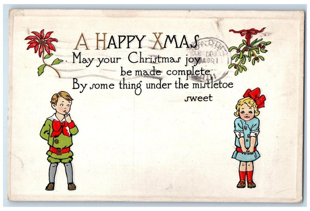 1911 Christmas Pointessia Flowers Boy Girl Winsch Back Chicago IL Postcard