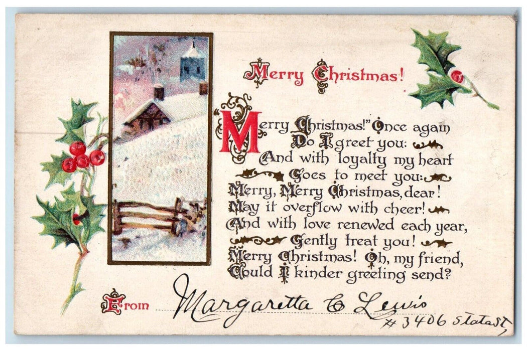 1916 Christmas Holly Winter Snow House Embossed Chicago IL Antique Postcard