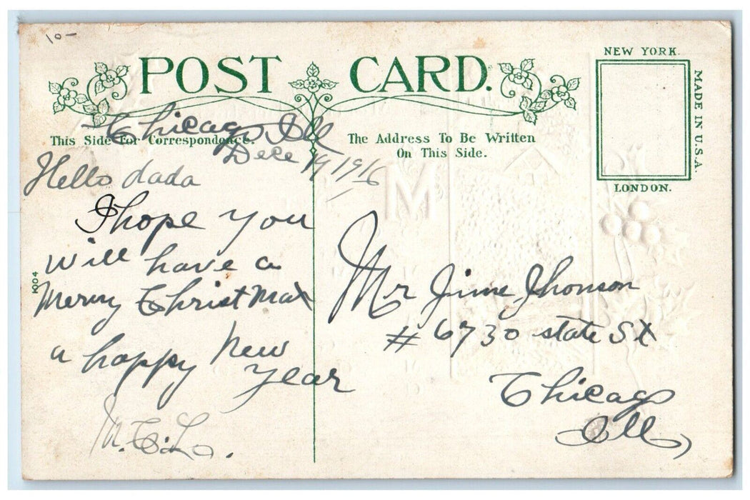 1916 Christmas Holly Winter Snow House Embossed Chicago IL Antique Postcard