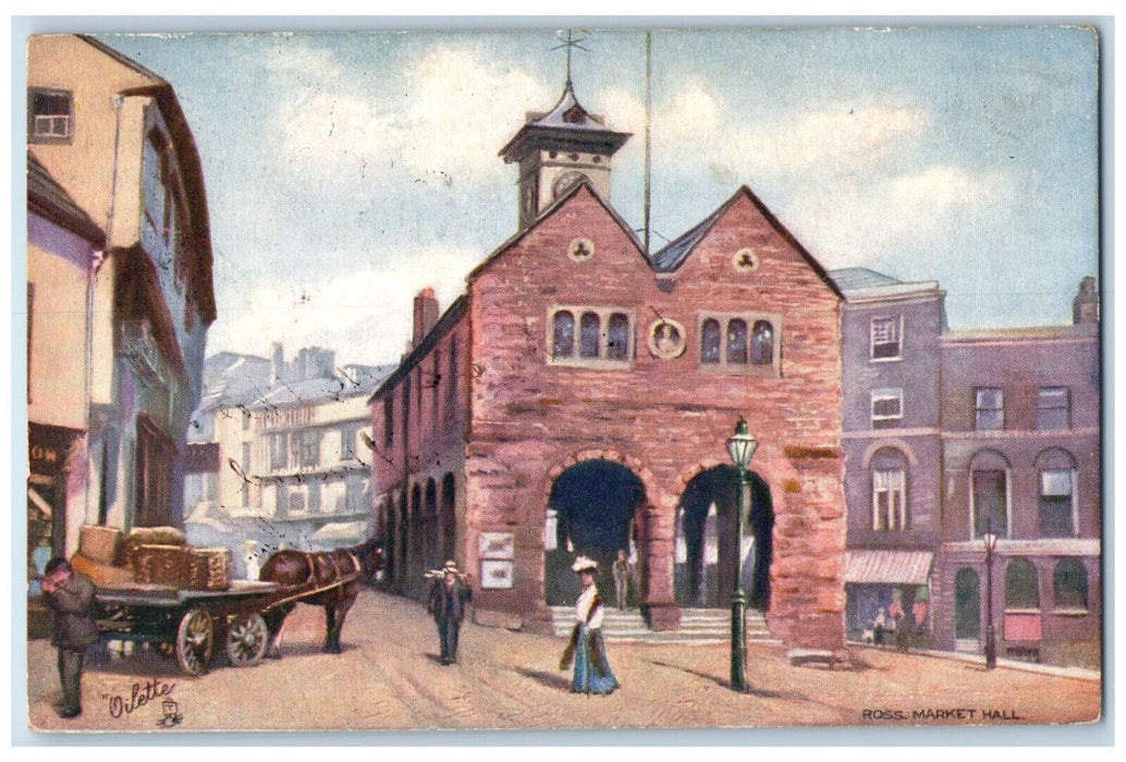 1907 Horse Carriage Ross Market Hall Ross-on-Wye, England Tuck Art Postcard