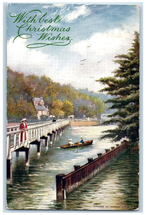 c1910 Boat Christmas Wishes Bridge at Marsh Lock Oilette Tuck Art Postcard