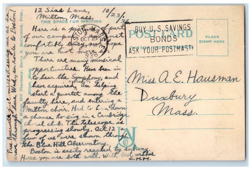 1936 Harrison Otis Apthorp Milton Academy Milton Massachusetts MA Postcard