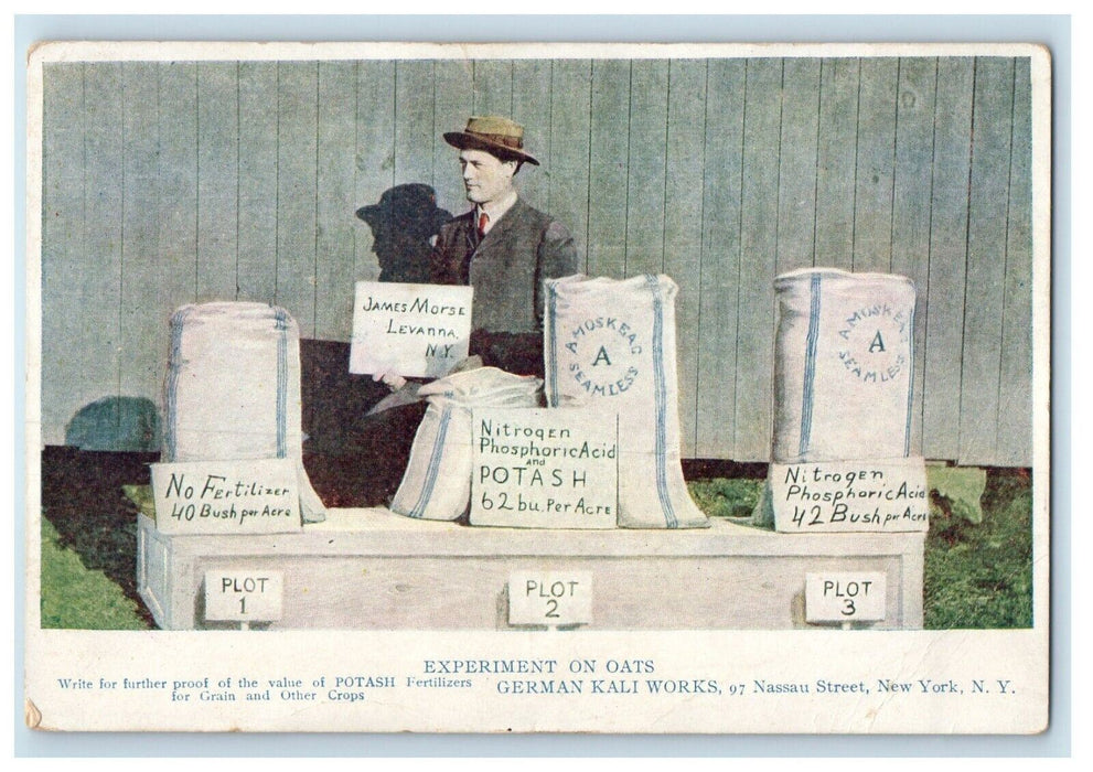 c1910 Experiment on Oats Farming Fertilizer Advertising Levanna NY Postcard