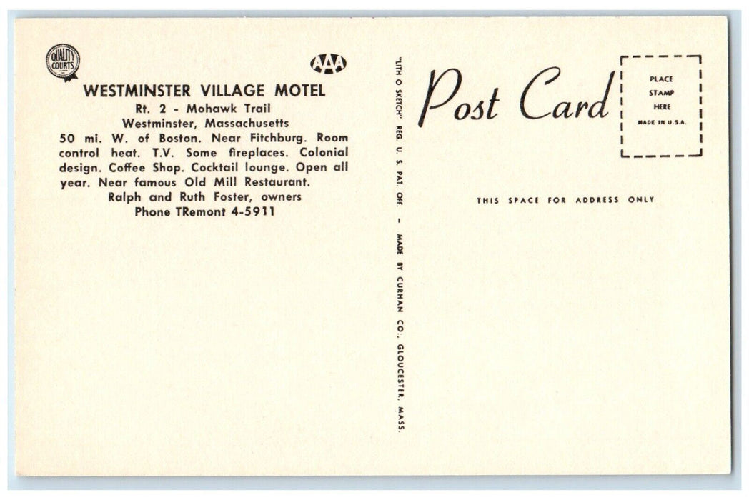 Westminster Village Motel Drawing Cars Westminster MA Unposted Vintage Postcard