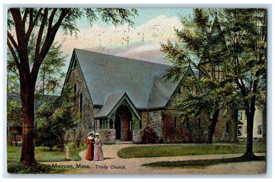 1908 Trinity Church Entrance Ladies Walking Melrose Massachusetts MA Postcard