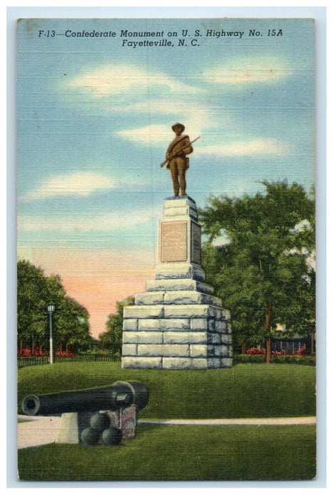 1948 Confederate Monument Fayetteville North Carolina NC Highway 15A Postcard