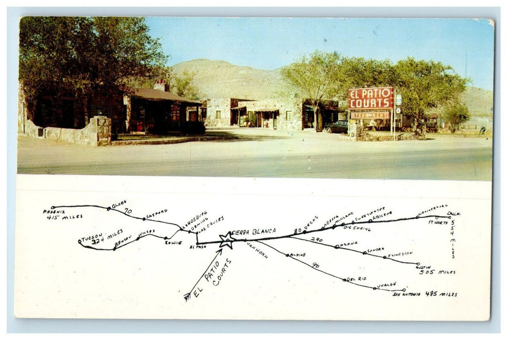 c1950's El Patio Courts Motel Sierra Blanca Texas TX Map Roadside Postcard